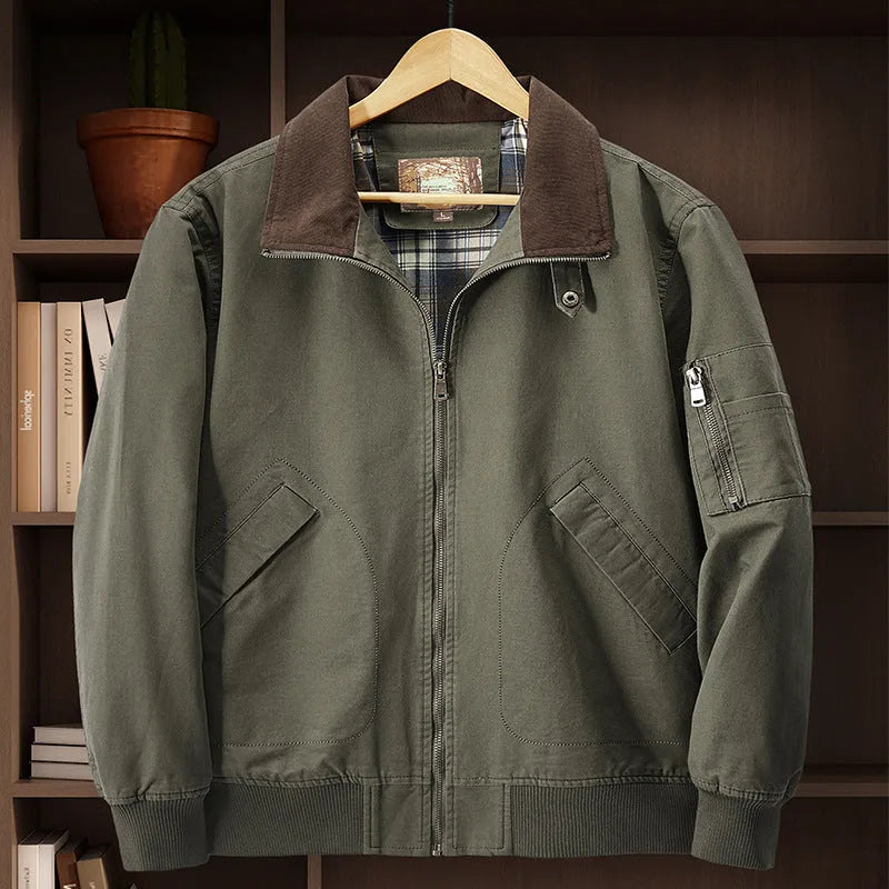 Men's plus size washed cotton baseball flight jacket in army green colour