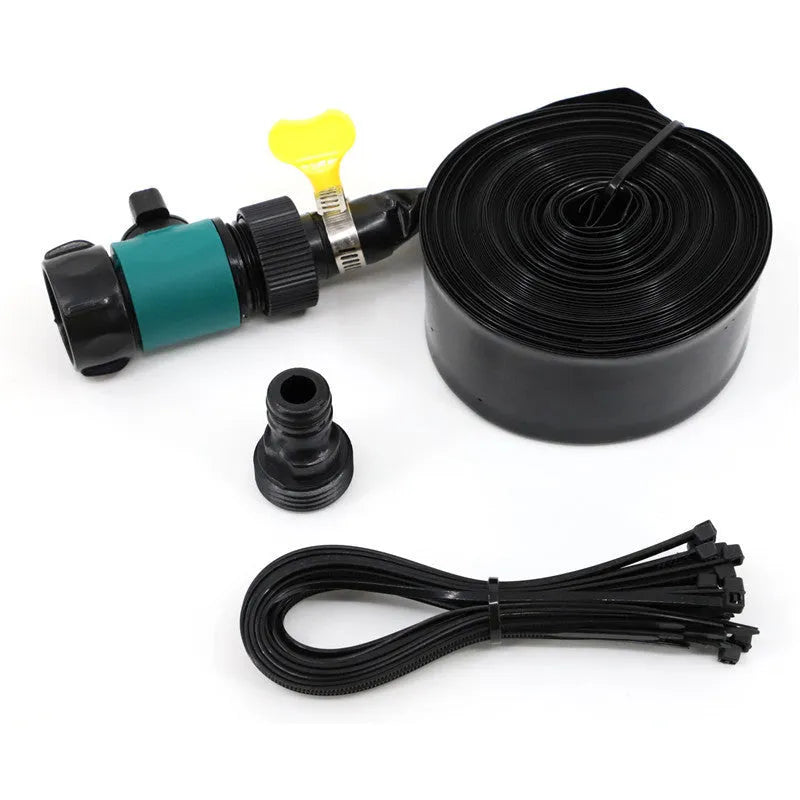 Blue portable garden sprinkler with solar panel and PVC hose on grass