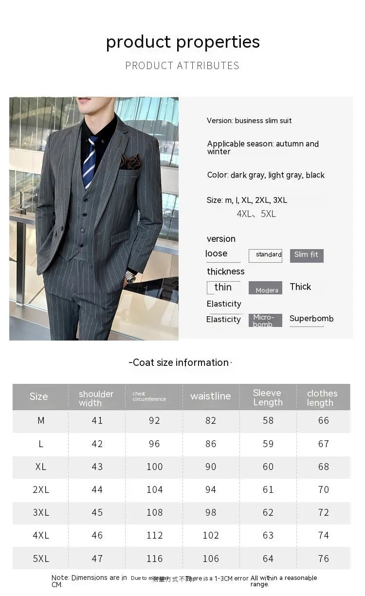 Men's three-piece striped suit set in black, slim fit, with jacket, vest and trousers on a hanger