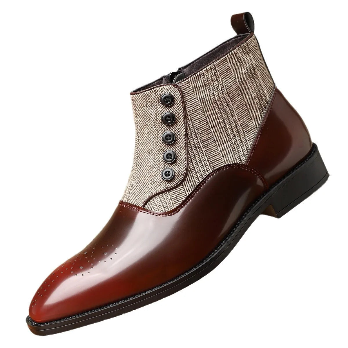 Men's brown retro formal shoe with side zipper, square toe, and low square heel on a white background.