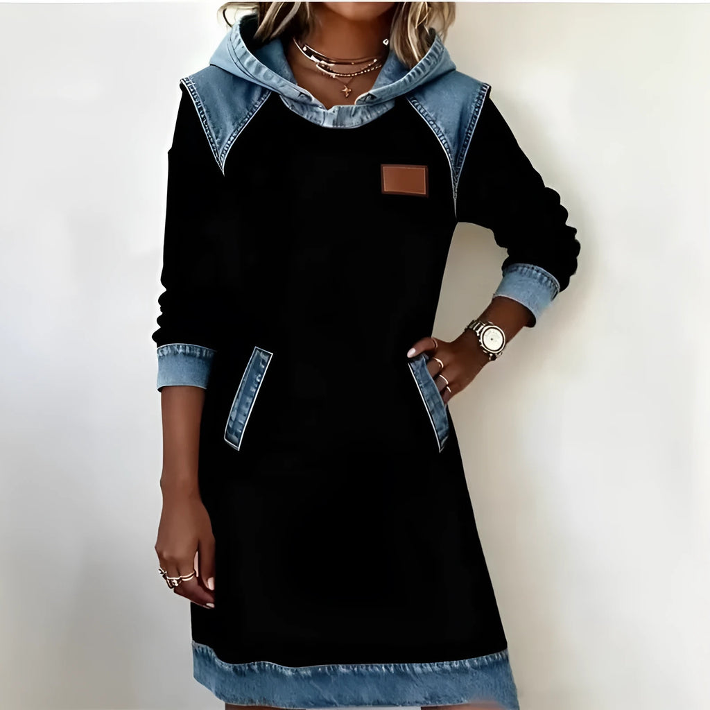 Color matching ladies hoodie skirt fake two piece dress with raglan sleeves in navy blue