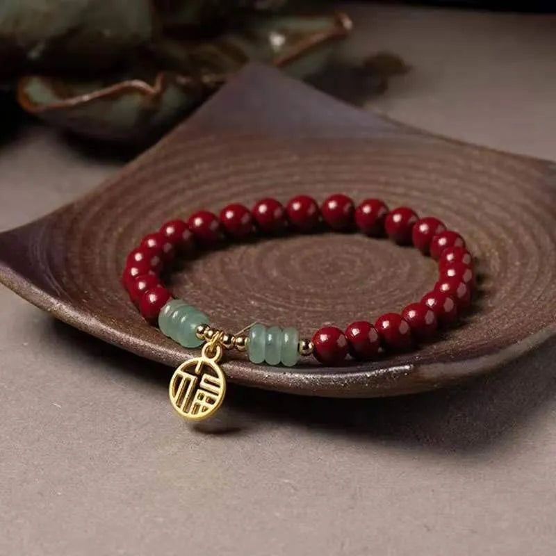Traditional Chinese cinnabar and copper bead bracelet with wave shape design in national style