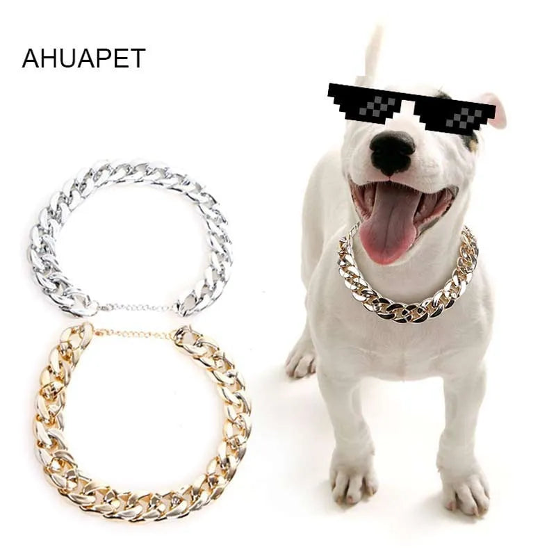 A gold chain-link style dog collar ornament on a white background.