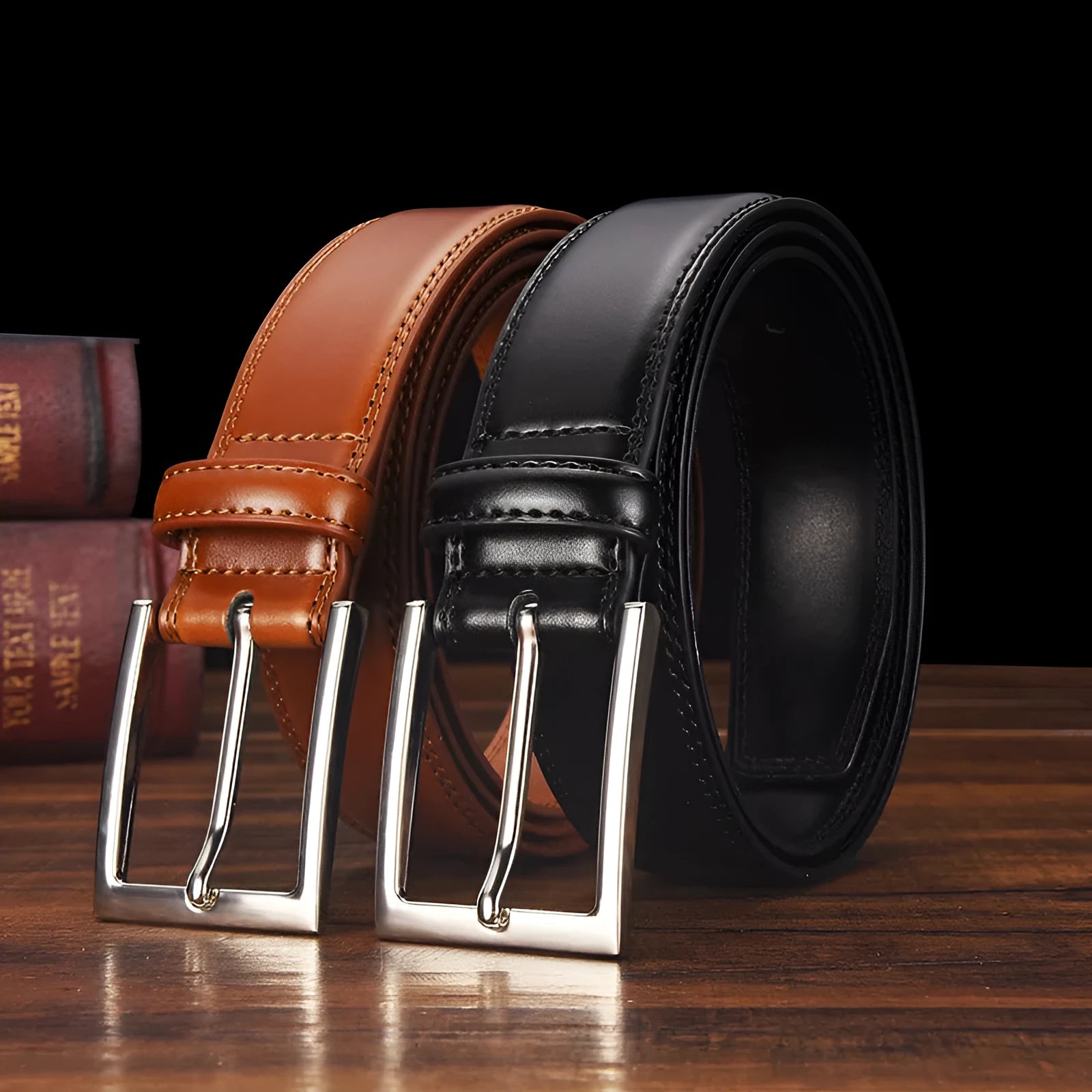 Men's genuine leather belt with an alloy pin buckle shown in a classic brown colour.