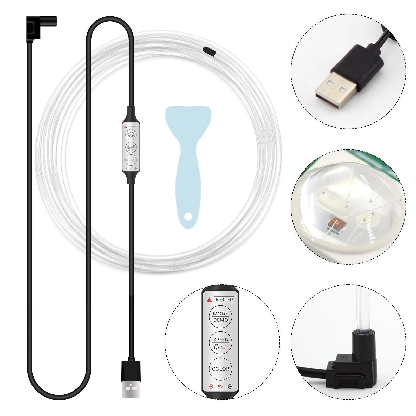 Car USB RGB LED light strip with integrated optical fibre and manual controller for colour selection