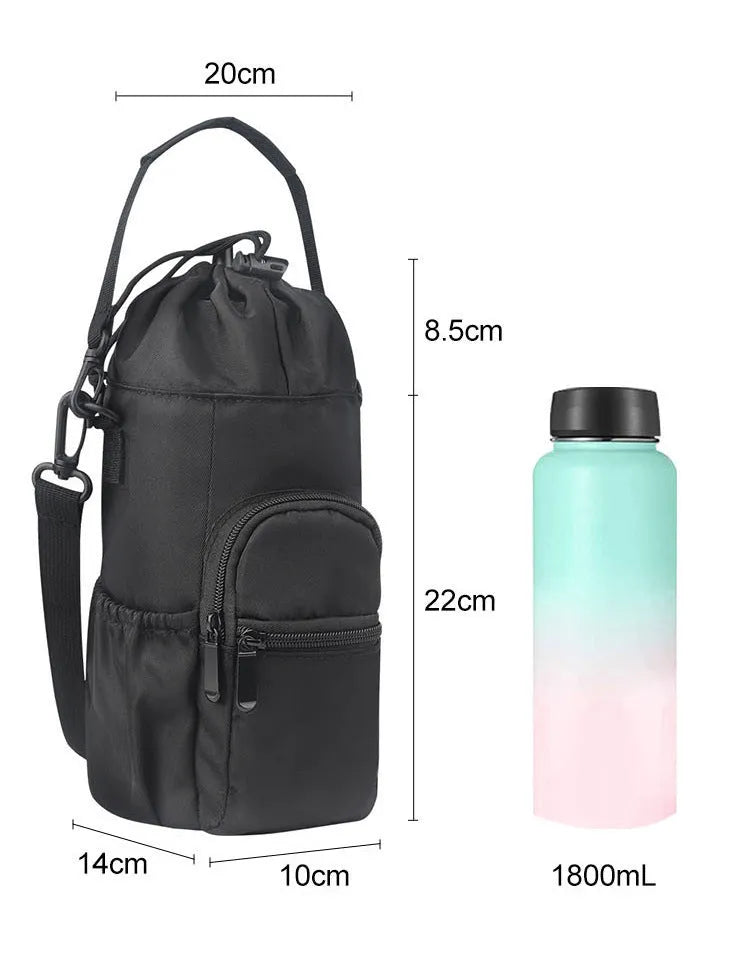 Cloth crossbody water bottle pouch in black, adjustable strap for hands-free carrying.