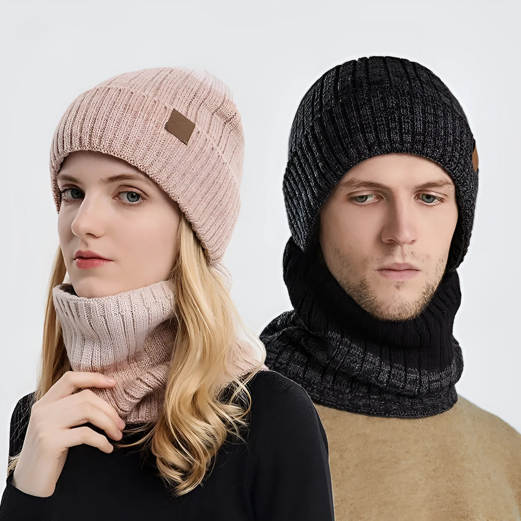 Fleece-lined thickened acrylic winter hat in dome style with matching neck warmer for men
