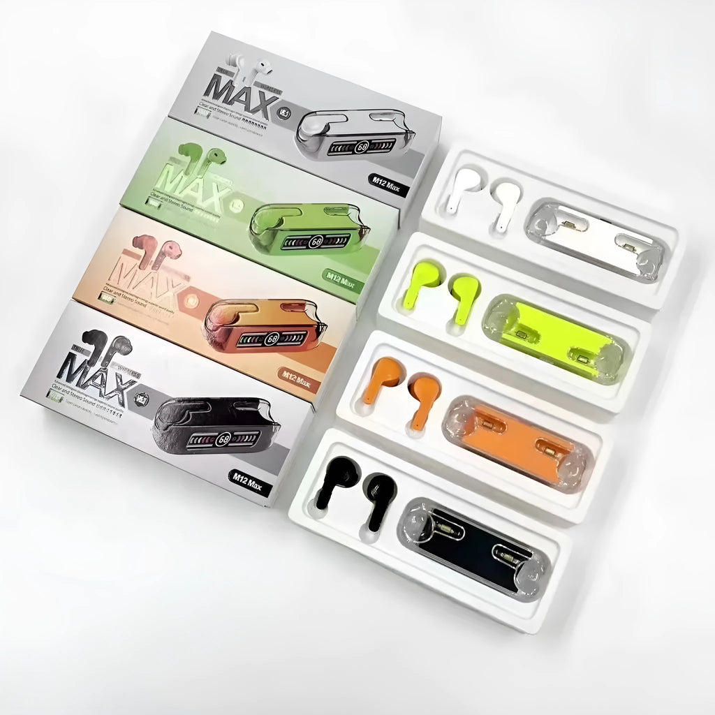 M12 MAX wireless Bluetooth in-ear headset with digital display, shown in black, white, orange red and green
