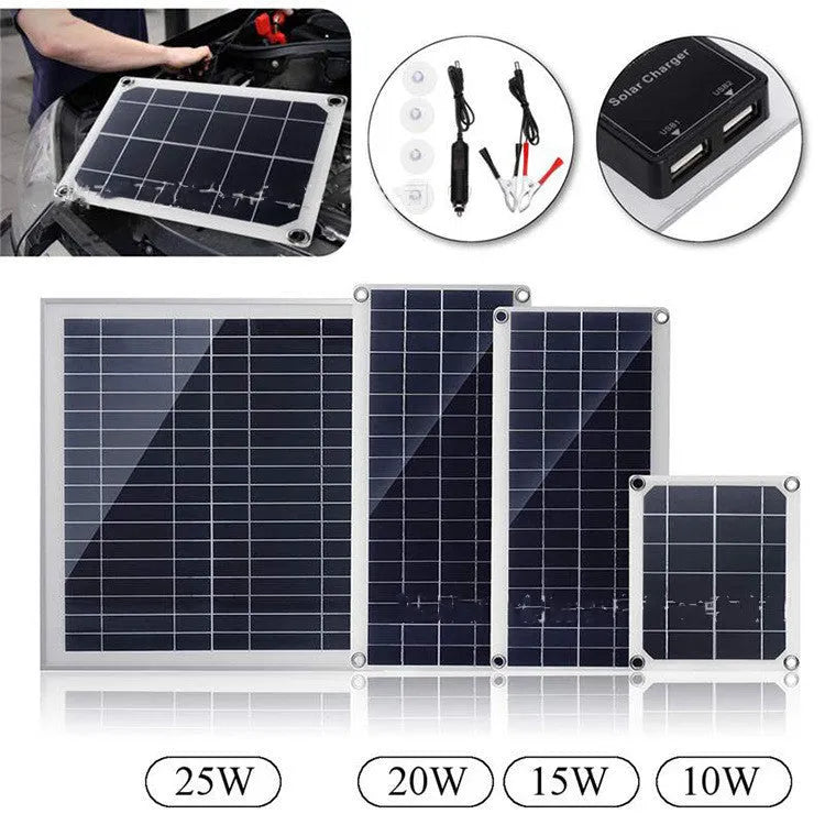 Black portable solar panel with dual USB ports for outdoor charging of mobile phones and tablets.