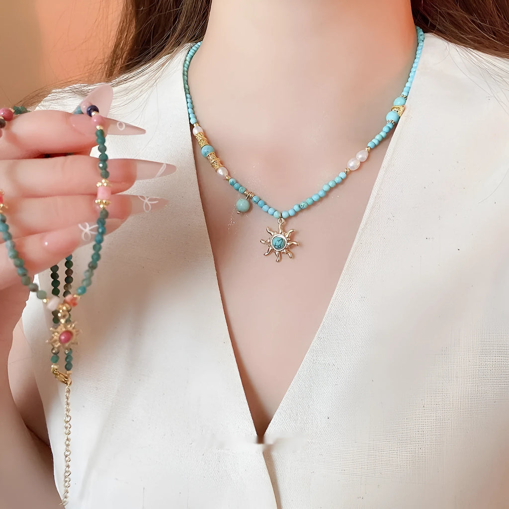 Freshwater pearl sun necklace with geometric pendant in French royal court style, blue and gold-blue-pink electroplated finishes