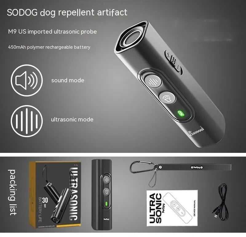Black high power portable ultrasonic dog repellent device with hanging rope, effective up to 10 metres