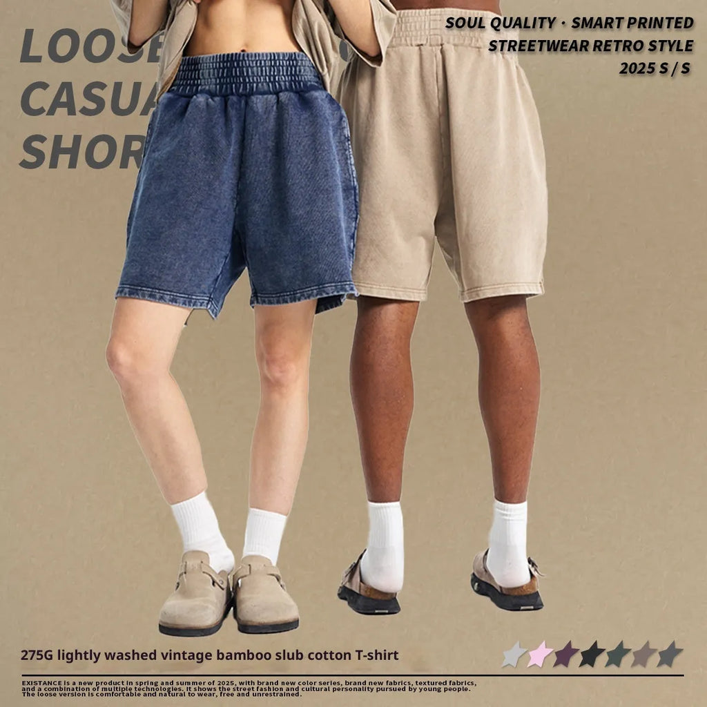 High Street distressed wash retro wide leg cotton men's shorts in washed black with elastic waist