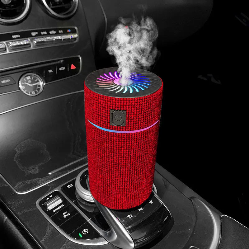 Car-mounted air purifier humidifier unit showing compact design and USB power connection