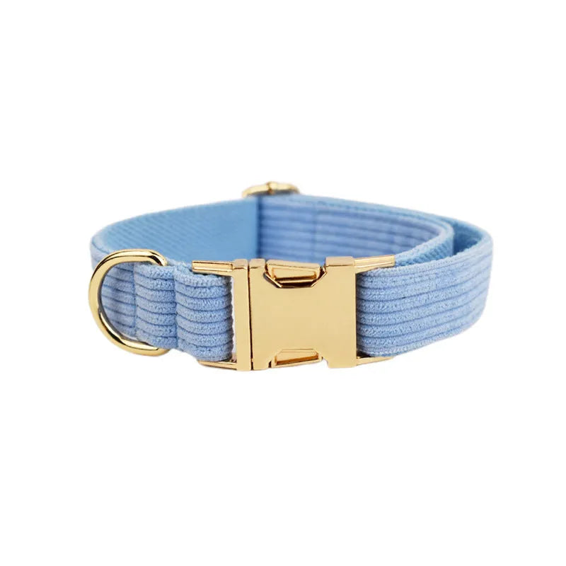 Textured corduroy dog collar in light green colour with metal D-ring and plastic buckle clasp.