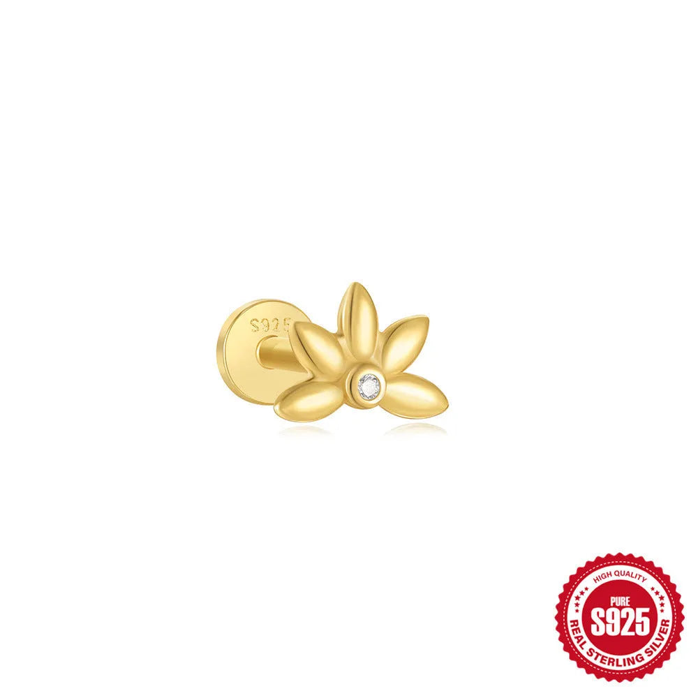 Sterling silver ear stud with a hanging gold-tone tassel charm on a white background.