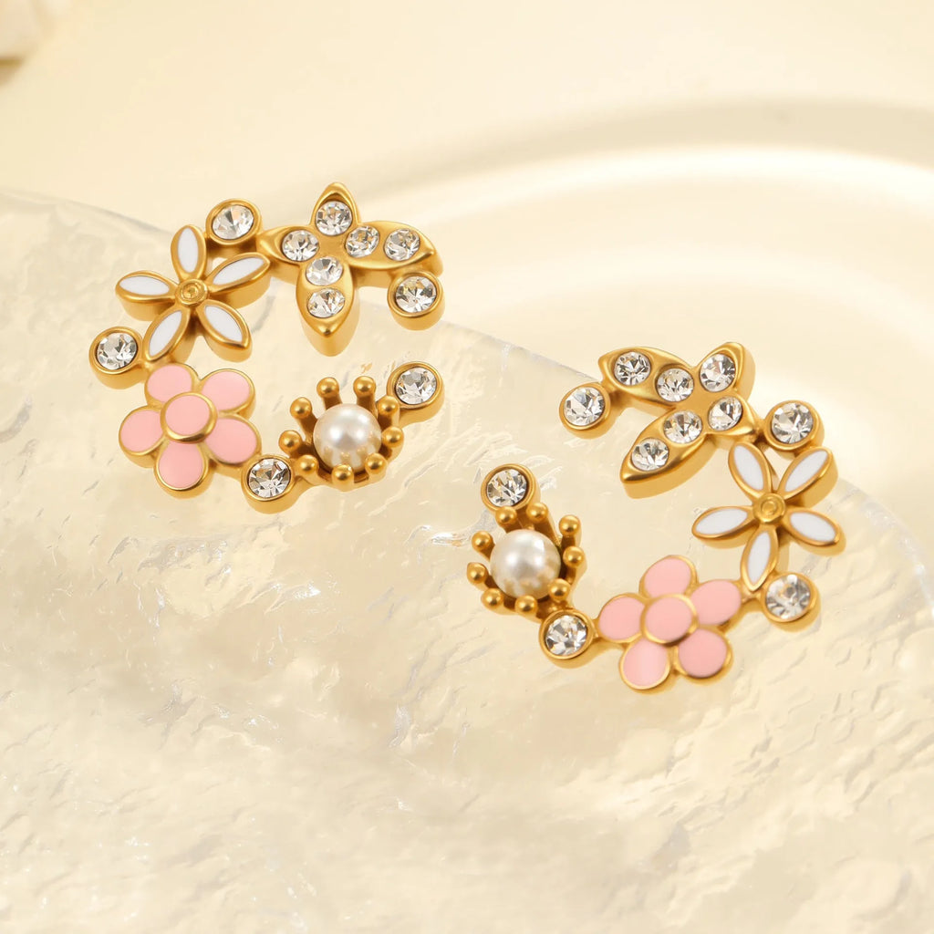Colourful flower stud earrings with petal design on stainless steel