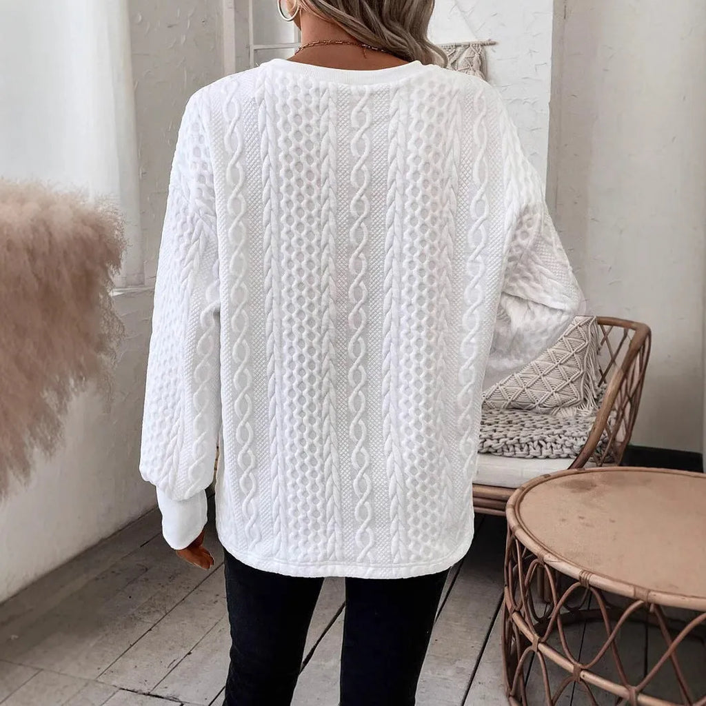 Milky white loose long sleeve T-shirt with 3D pattern in Japanese Korean casual style