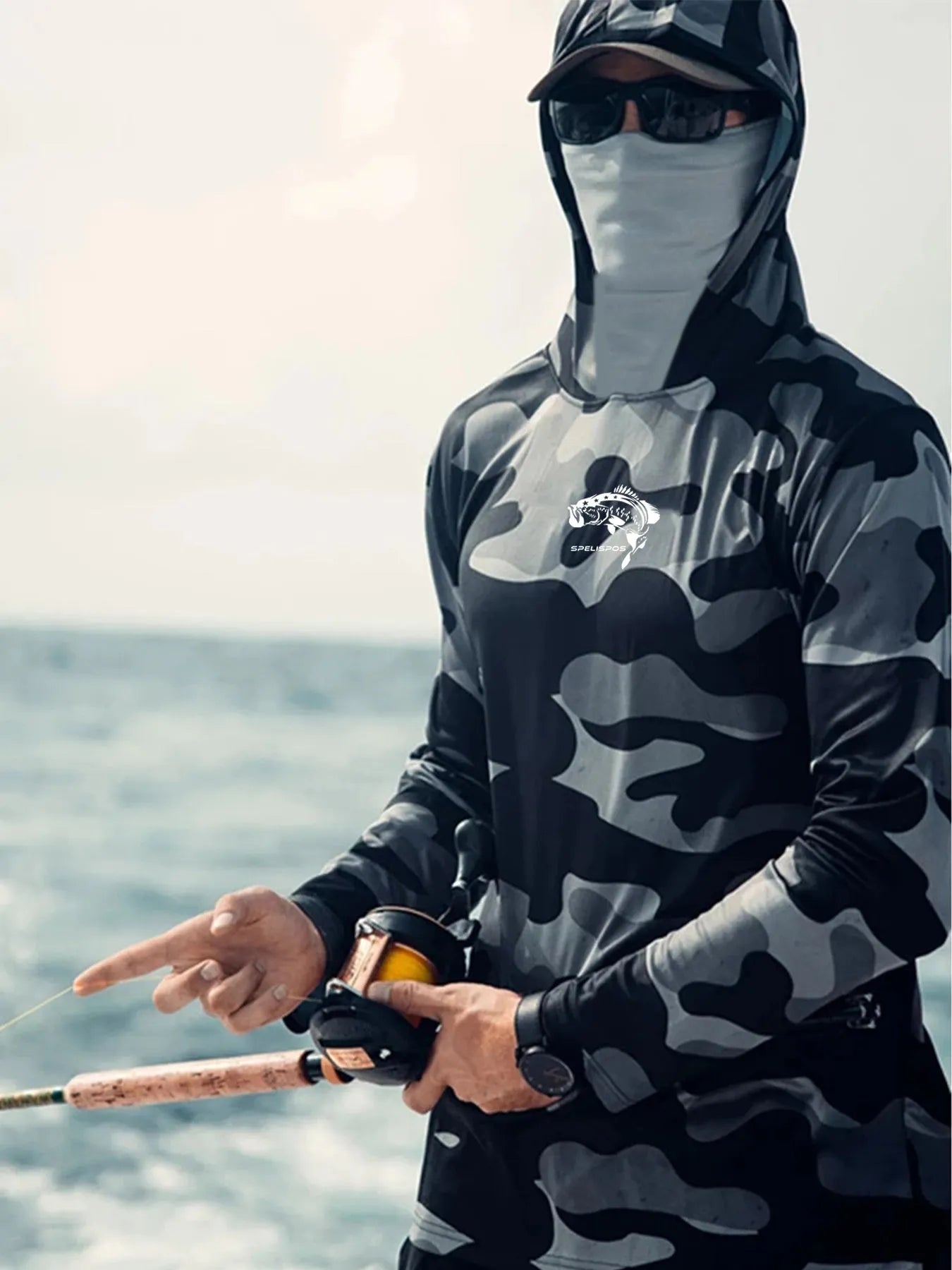 Huk men's grey long sleeve fishing hoodie showing mesh side panels and crew neck.