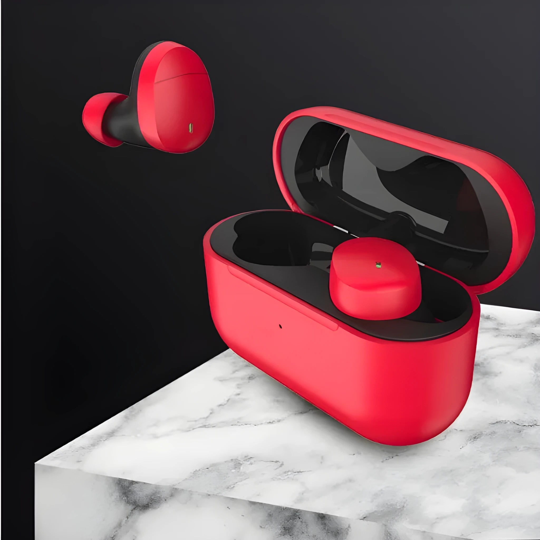Flame red Qualcomm TWS 3040 Bluetooth earbuds with charging cable