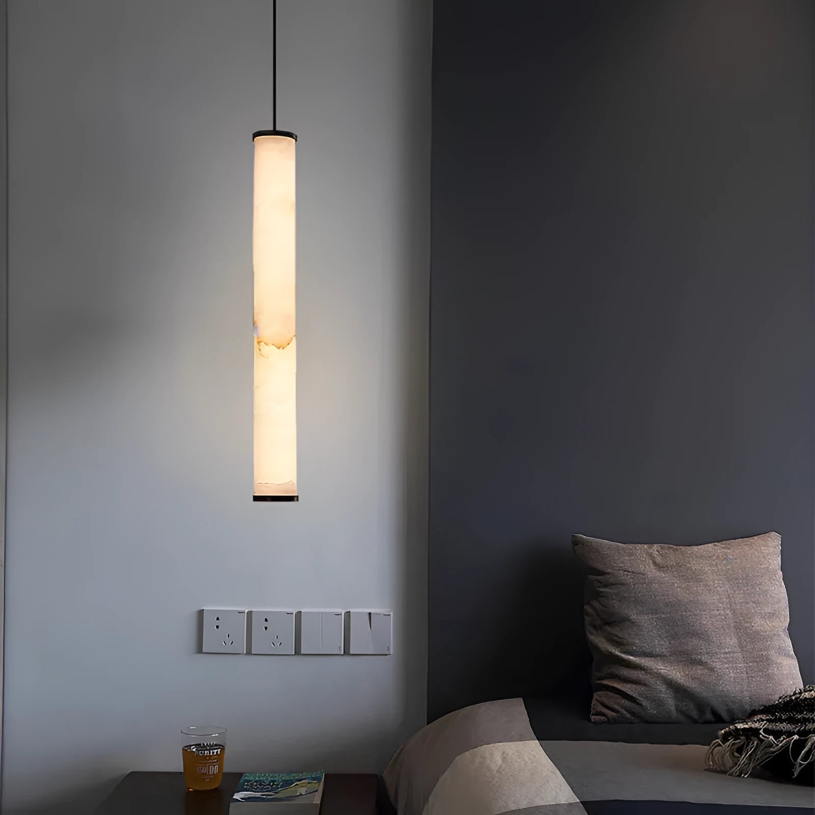 Nordic marble small droplight pendant with warm light, 40cm drop, over a dining table