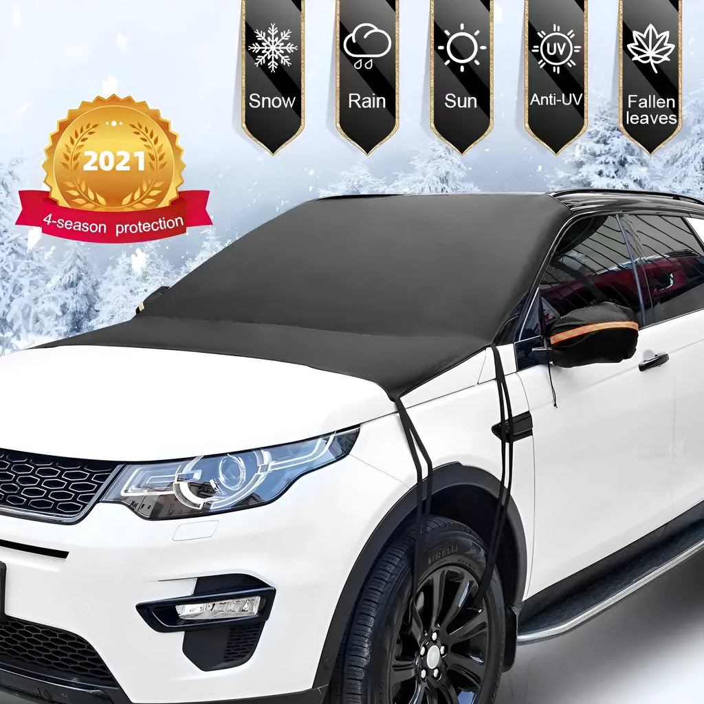 Black car windshield front snow shield cover with six elastic bands and hooks, on a car
