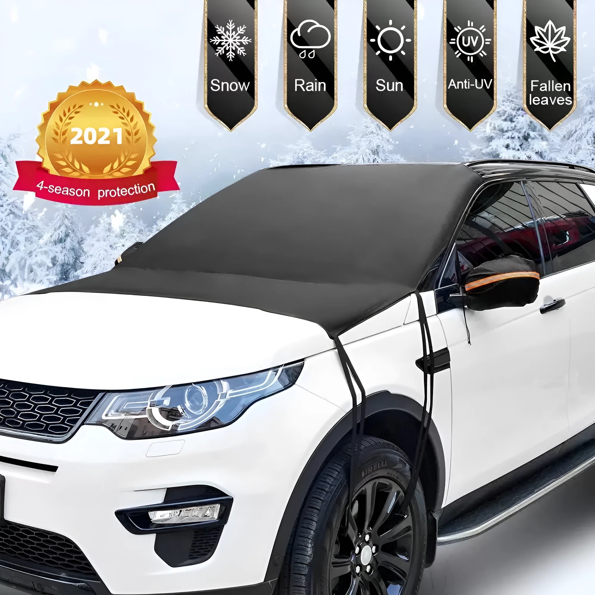 Black car windshield front snow shield cover with six elastic bands and hooks, on a car