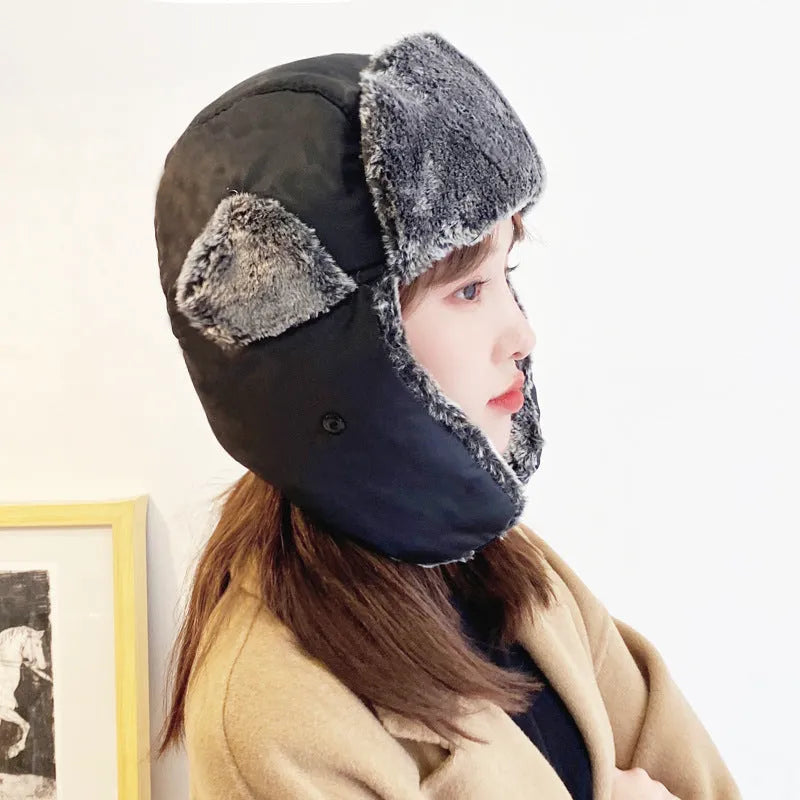 Men's thickened plus velvet ear protection hat in solid colour, cotton construction, 58cm circumference
