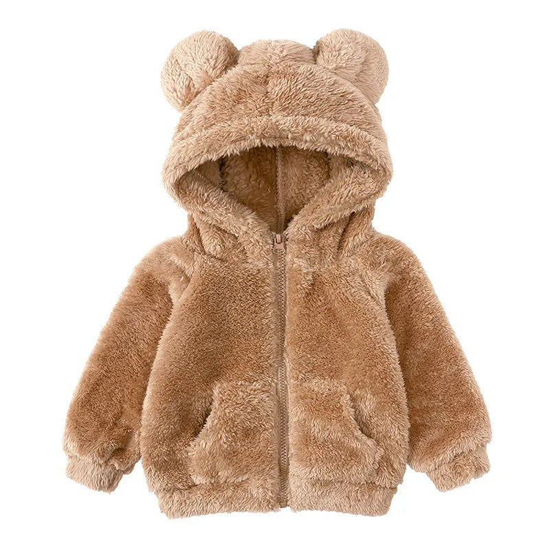 Children berber fleece coat in thickened polyester fibre with hood and zip front, winter jacket for boys and girls