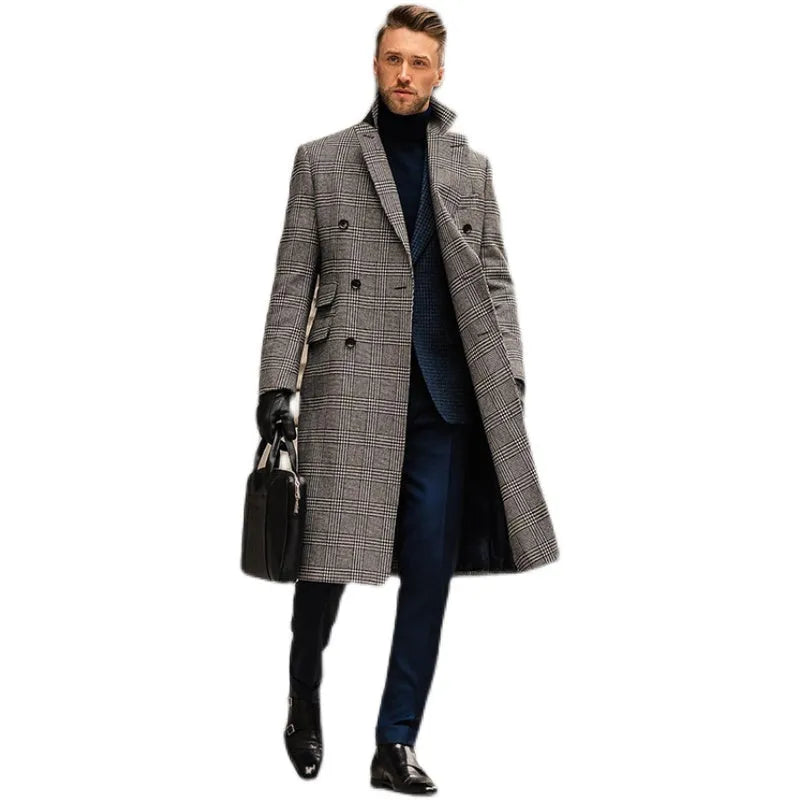 Grey checked 100% wool double breasted overcoat with suit collar and horn clasp, front view on mannequin