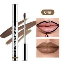 Slippery lip liner pencil in waterproof, smudge-proof formula with eight colour options A to H.