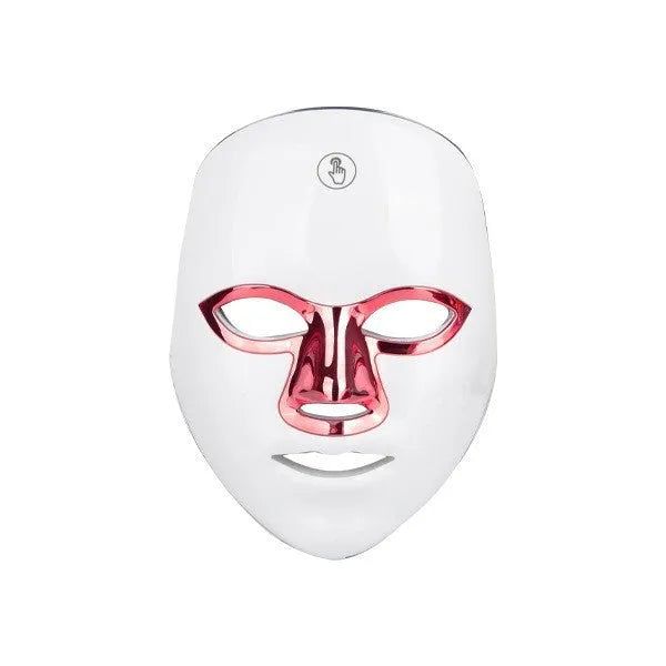 Rechargeable manual touch LED beauty mask in ABS plastic on a white background.