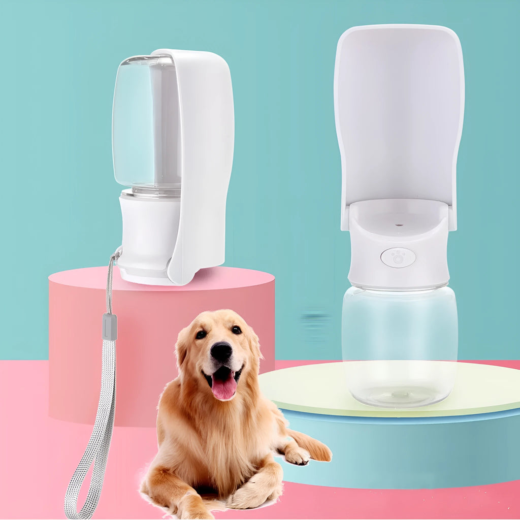 Foldable dog portable water bottle pet water dispenser in blue 350ml on white background