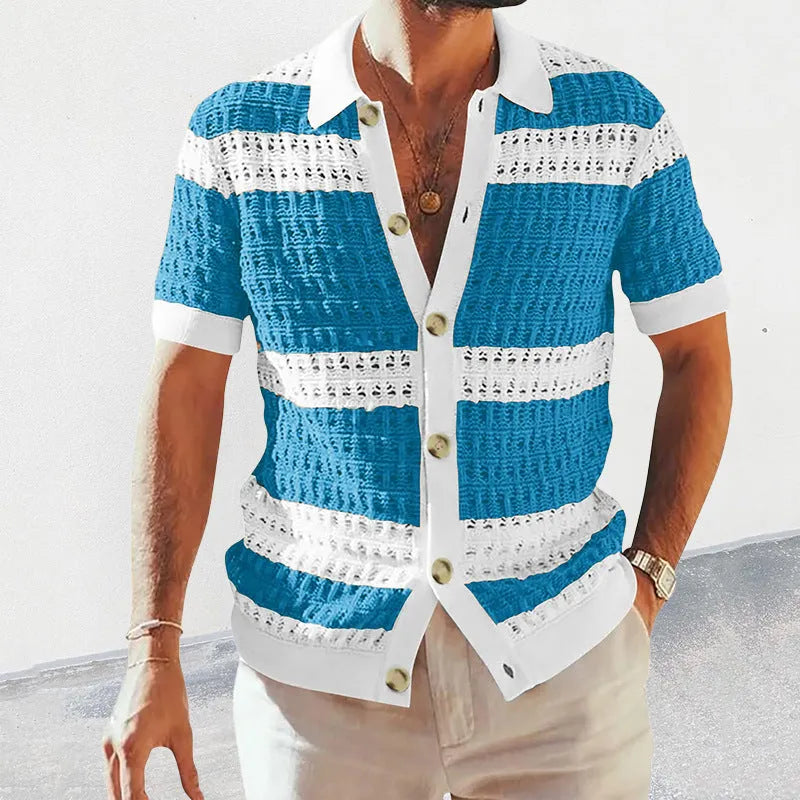 Men's knitted cardigan polo neck short sleeve breathable hollow slim fit summer top in grey