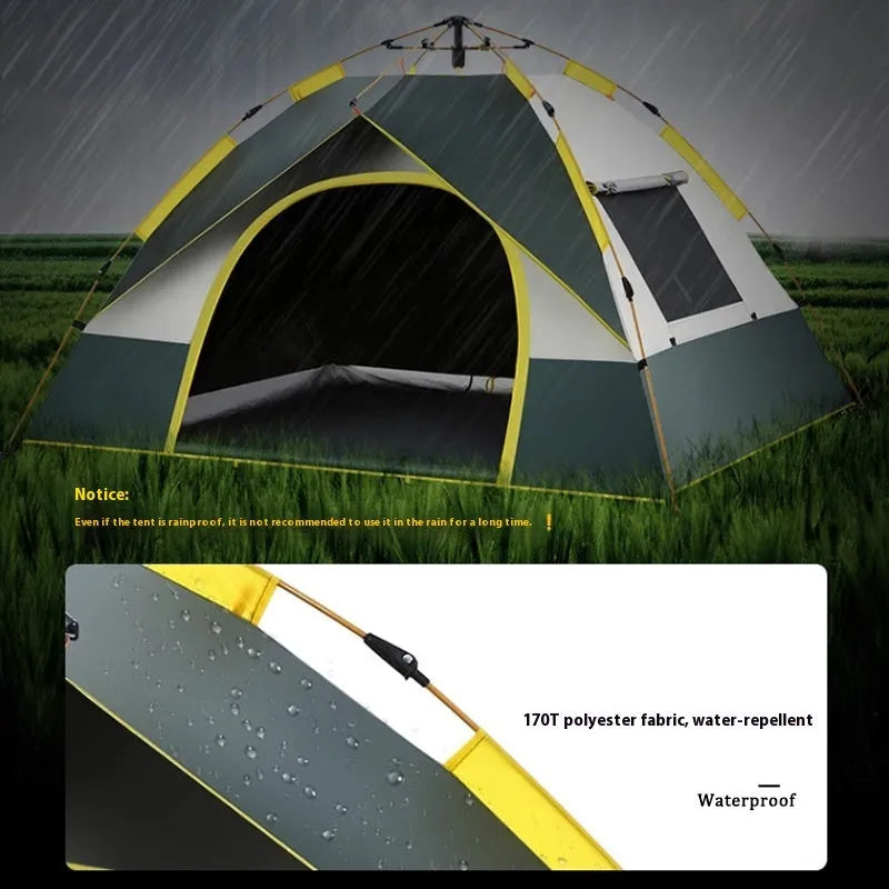 Dark green silver glue automatic quick-open camping tent for 3-4 people set up outdoors.