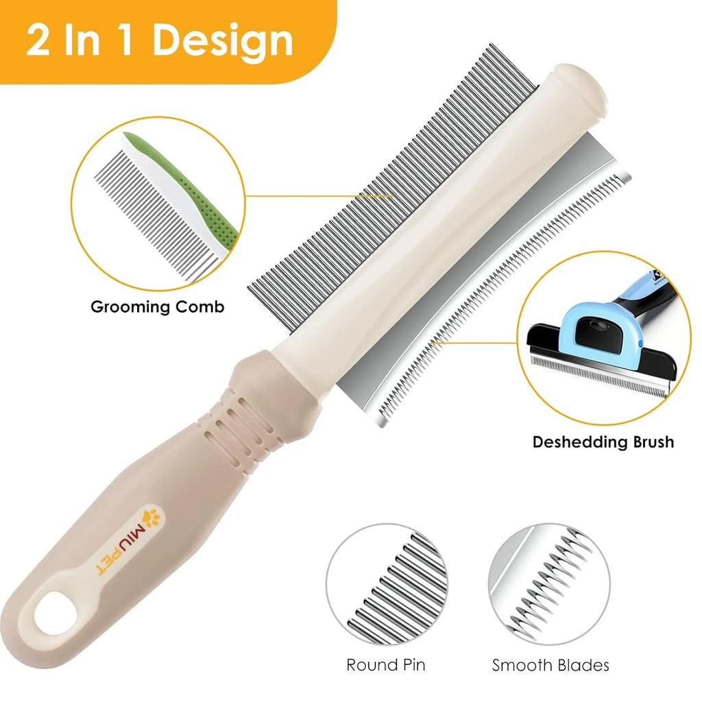 White double-sided dog and cat grooming brush with comb and deshedding head on a comfort-grip handle