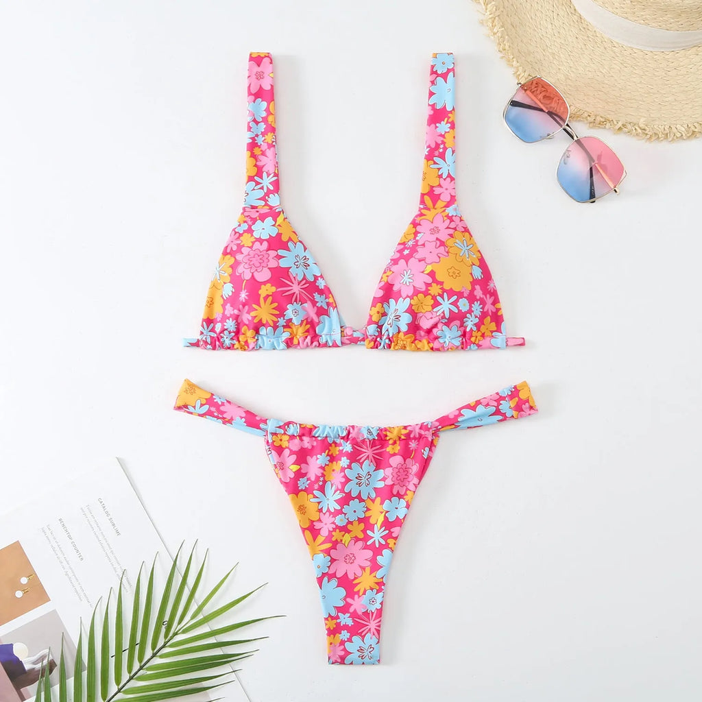Women's printed floral bikini swimsuit in polyester available in multiple colours including rose red, blue, white, and sky blue