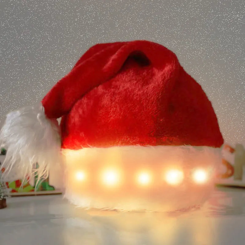 Red and white plush Santa hat with multicoloured LED lights illuminated around the brim