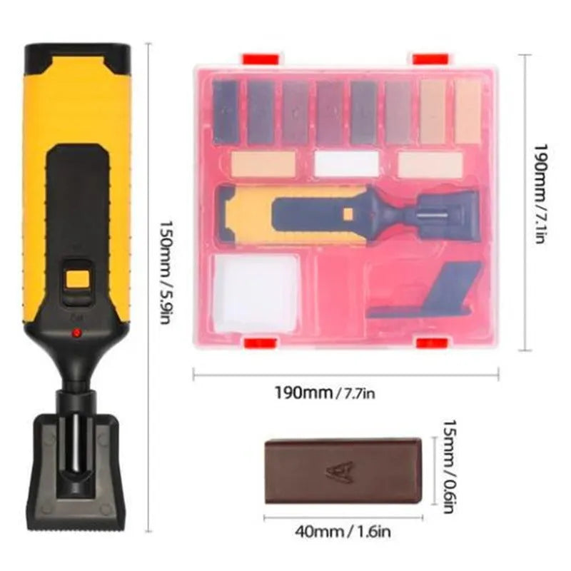 DIY floor and furniture repair kit with red handle and coloured wax sticks on a tile surface.