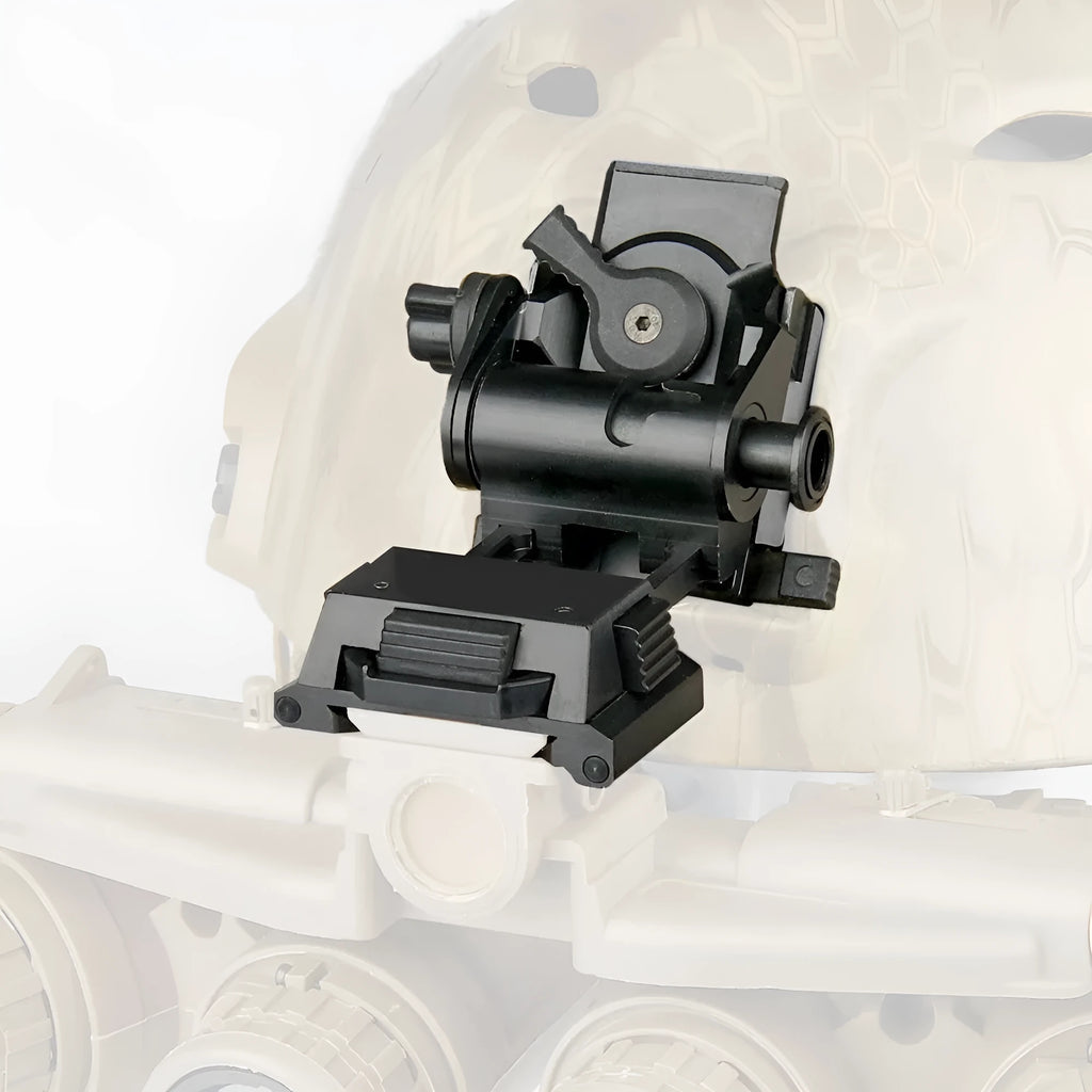 Metal alloy L4 G24 night vision helmet mount with breakaway base in dark earth colour.