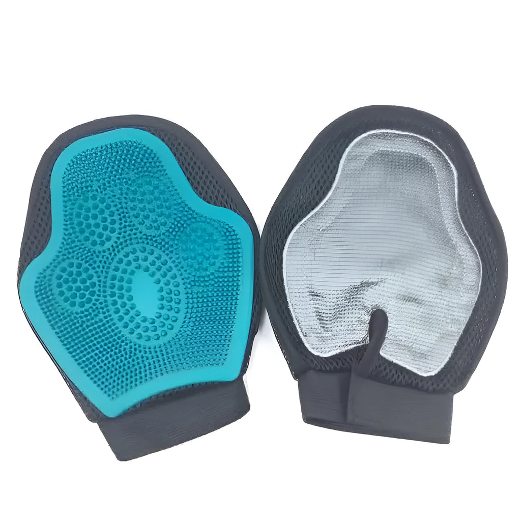 Soft silicone horse massage gloves for gentle hair removal and grooming, adjustable fit with hook and loop closure