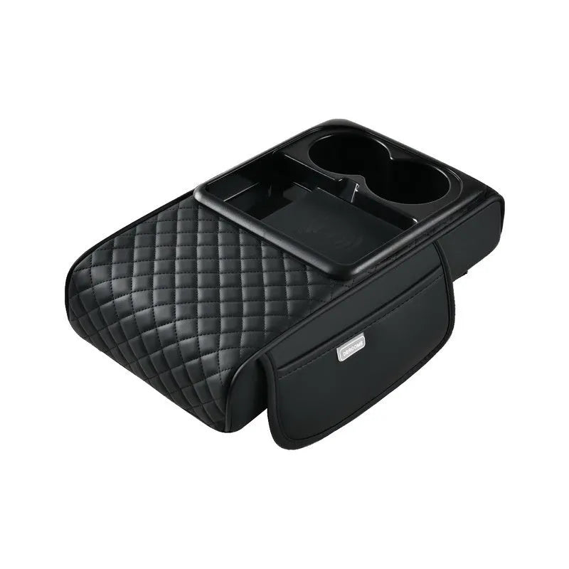 Leather car armrest box cover with wireless charging pad, tissue storage, and cup holder in black.
