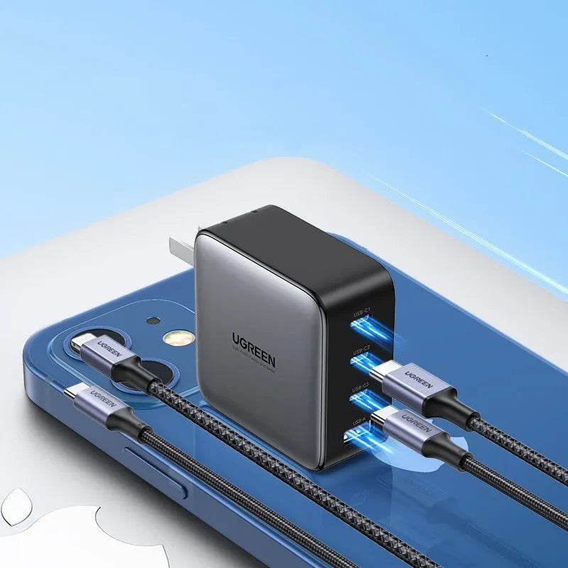 Compact 100W Gallium Nitride GaN fast charger plug with USB-C port on a 69mm body.