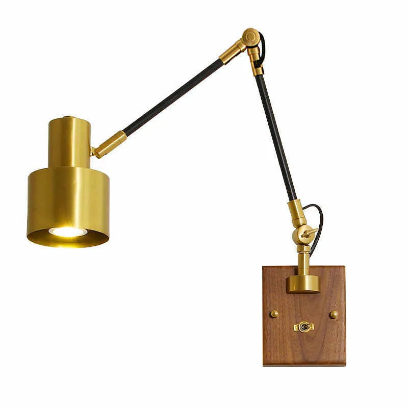 Retro copper rocker arm wall lamp for bedside or creative wall lighting
