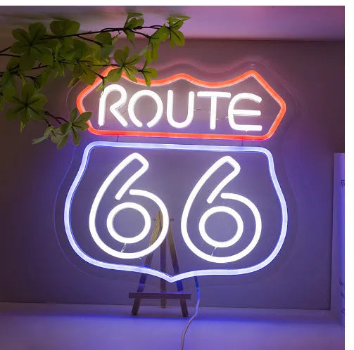 66 Highway neon LED creative glow sign in warm white with Alec shell shape