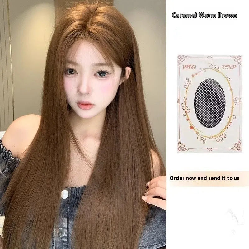 Centre-parted bangs long straight wig in warm brown with forehead lace front