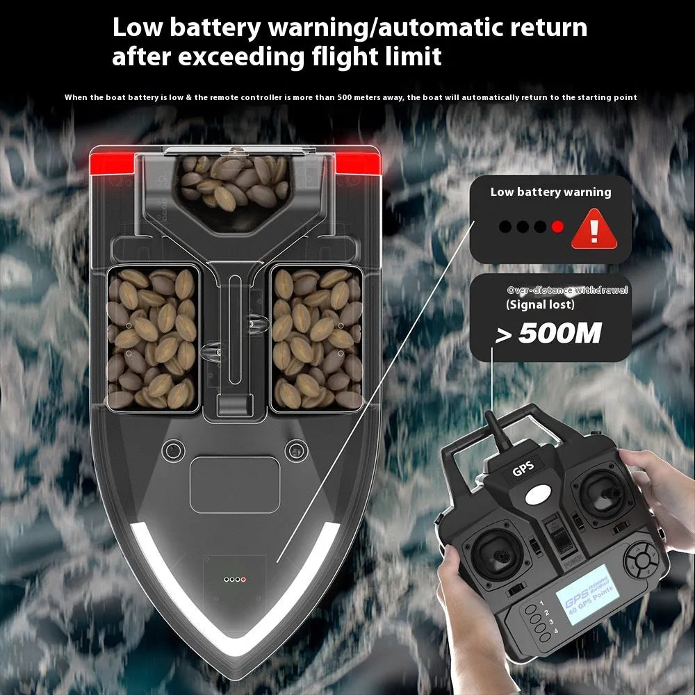 V020 GPS remote control fishing boat with LED light on hull, shown on water with remote.