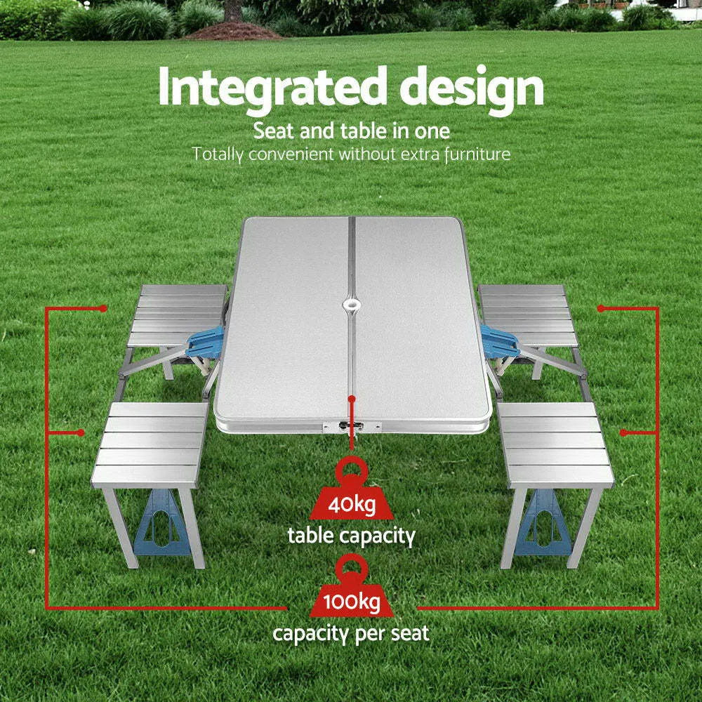 Aluminium alloy one-piece folding table and chair set in silver grey or blue, folded and expanded views, 85.5cm tabletop