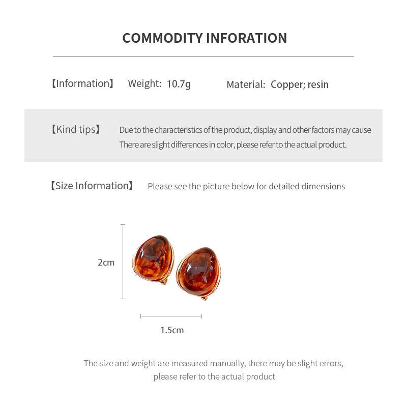 Amber water drop ear studs and ear clips in coffee colour with silver needles and electroplated resin drop shape