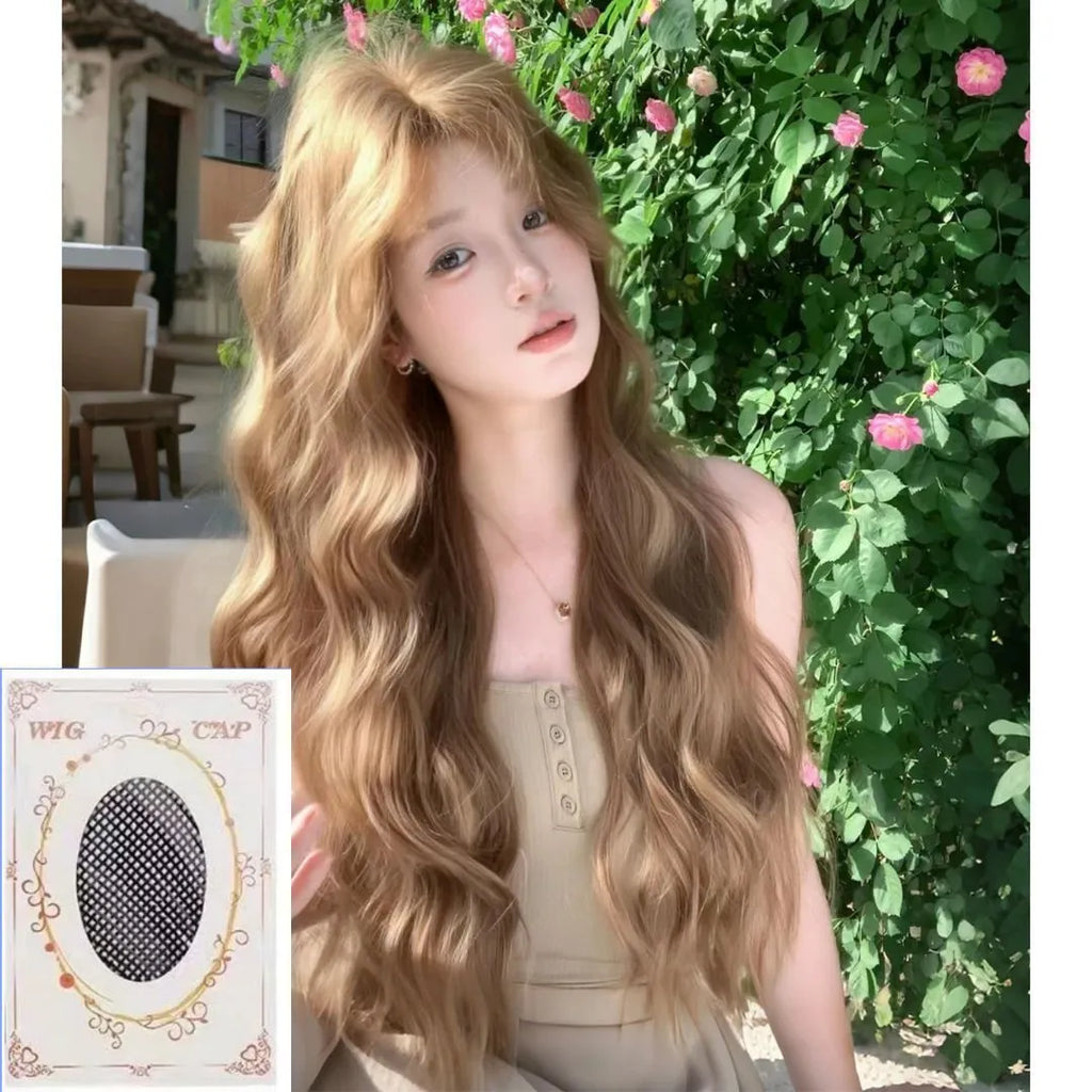 Medium long curly brown wig in linen colour made from high-temperature synthetic fibre