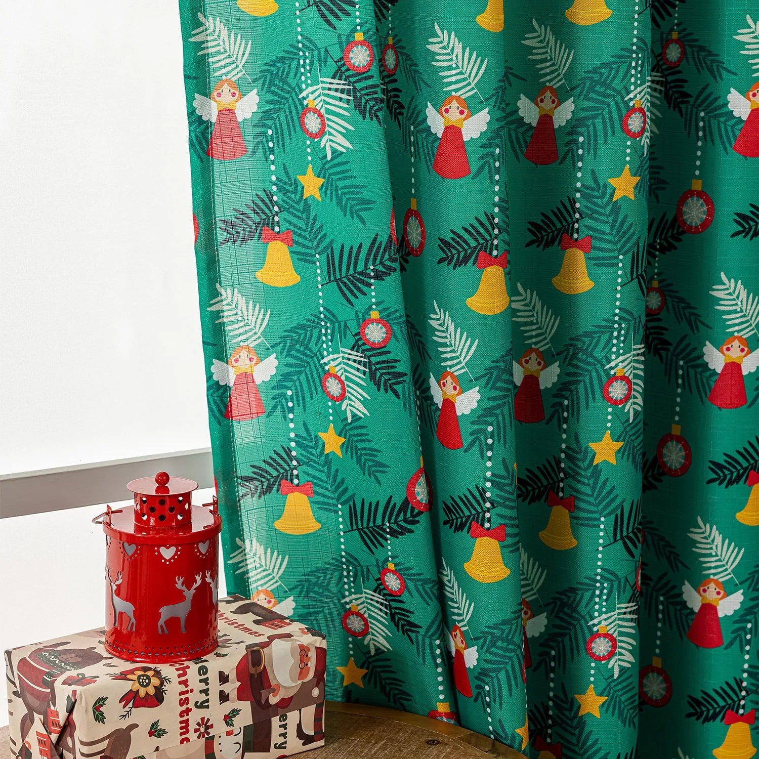 Christmas snowman angel print curtain in green or red colour for living room windows